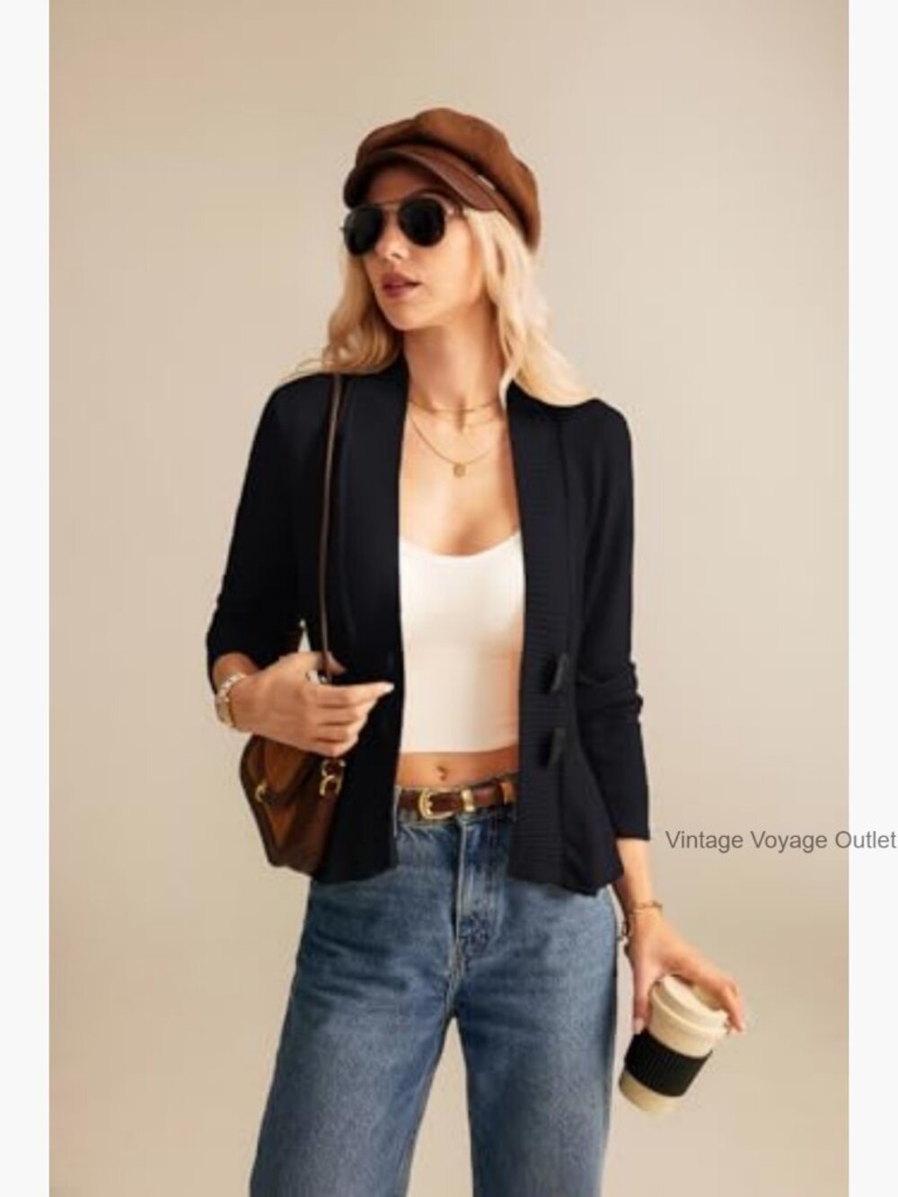 Cropped Peplum Cardigan Sweater, Long Sleeve Button Front, Lightweight Knit - Picture 4 of 7